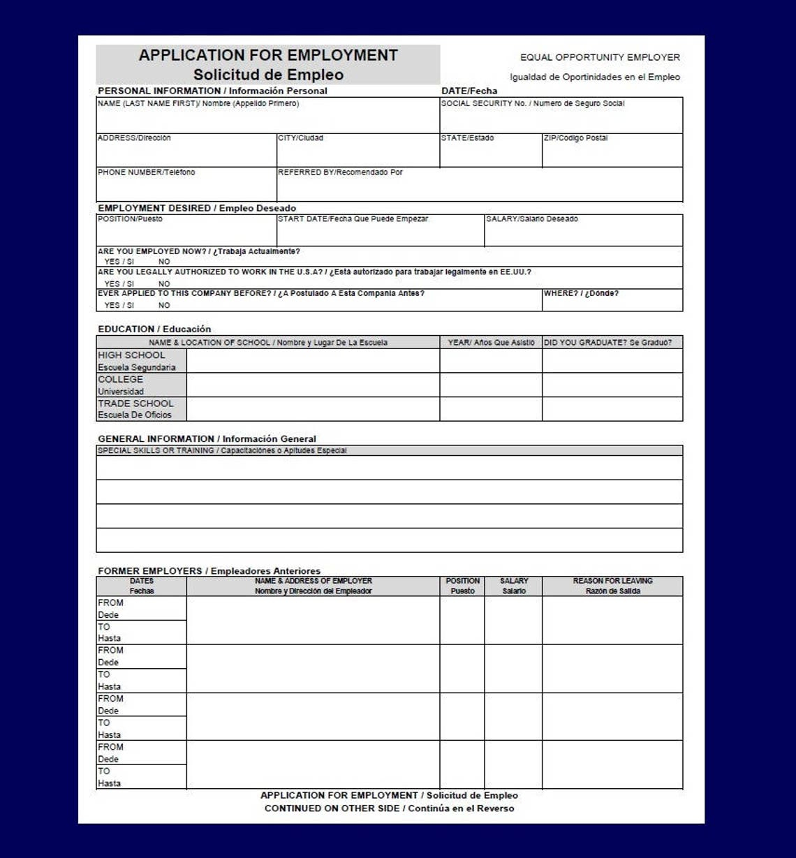 Application For Employment Bilingual English Spanish Etsy Application For Employment Bilingual English spanish Etsy