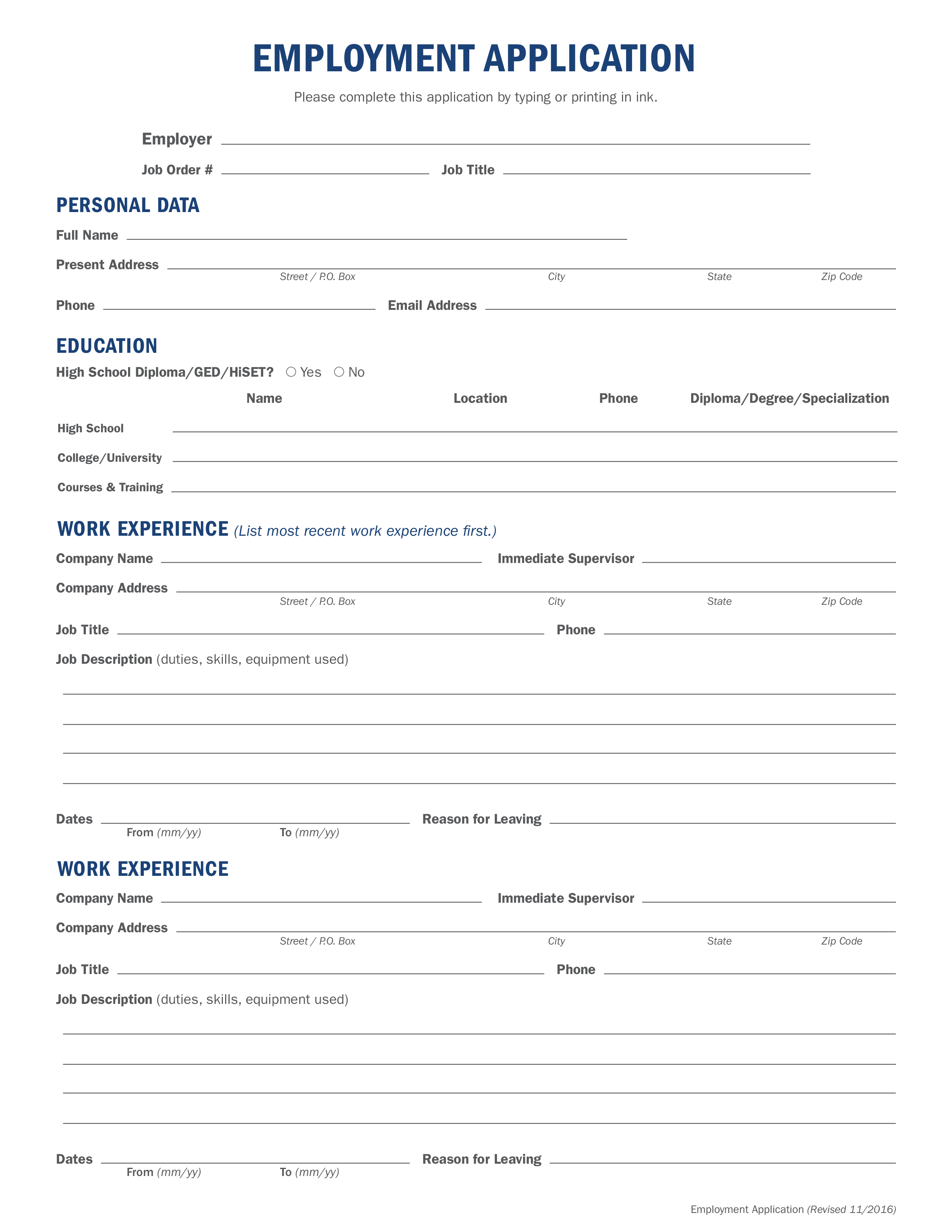 Generic Fillable Employment Application Templates At Generic Fillable Employment Application Templates At