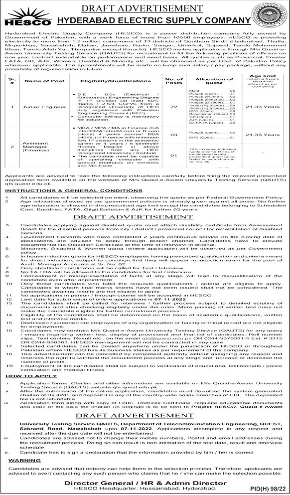 HESCO Jobs 2022 QUAST Online Application Form Last Date