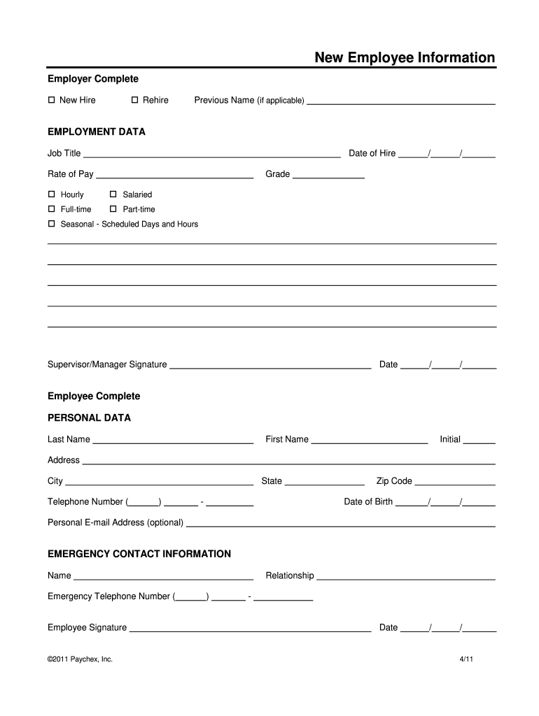 Paychex Employee New Hire Form 2023 Employeeform